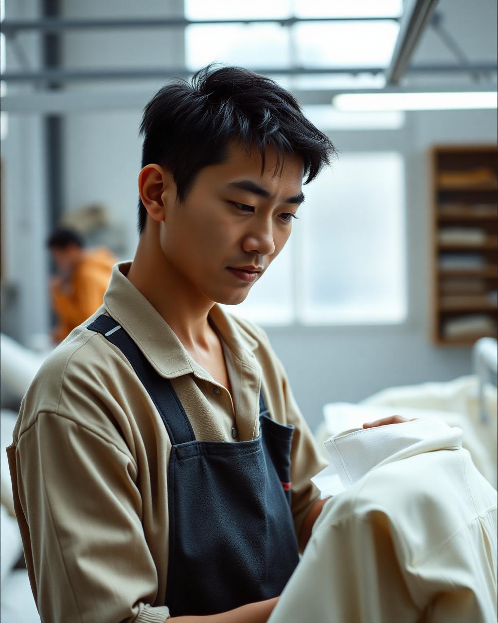 Lin Chenshuo inspecting a garment in the workshop