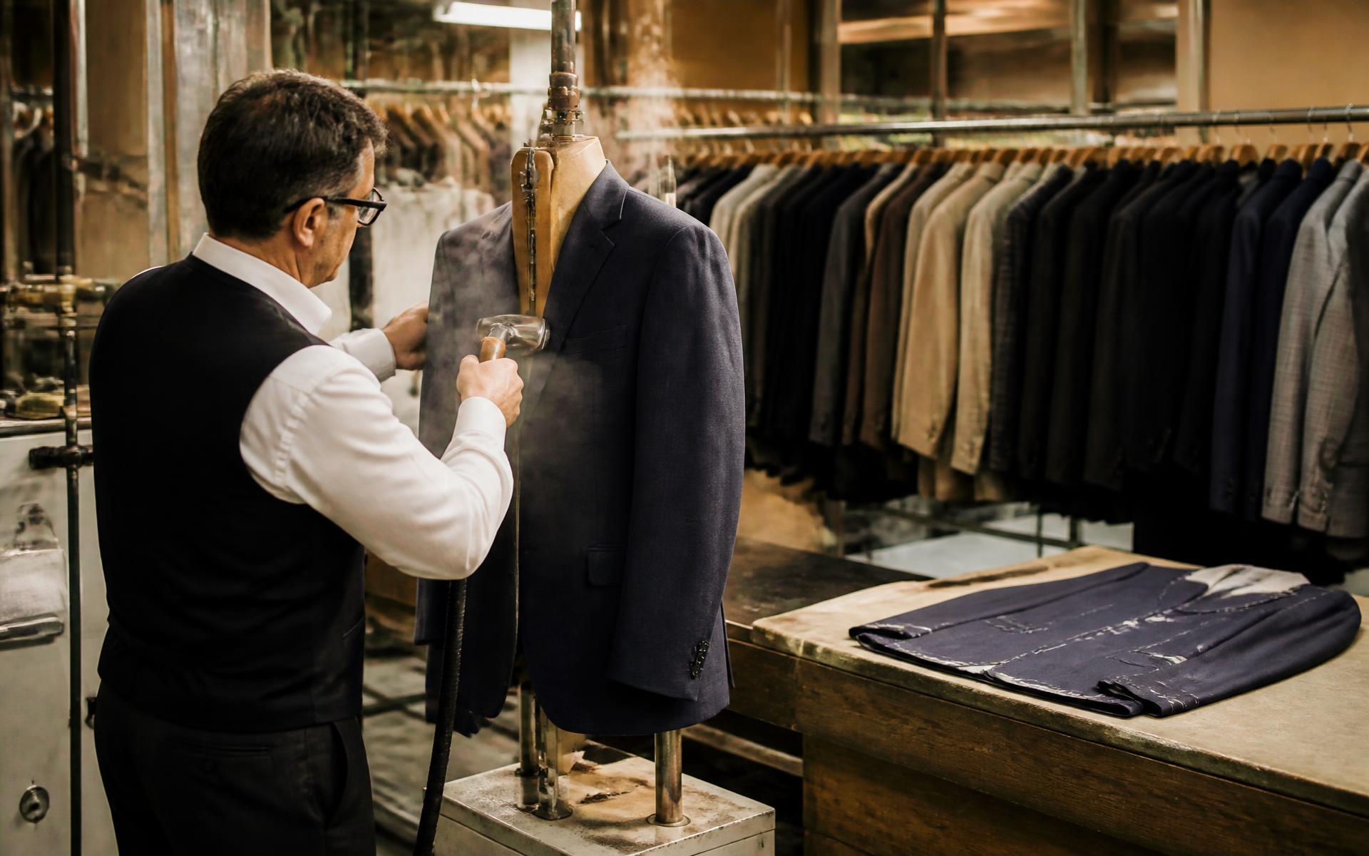 Steam pressing a tailored jacket in the finishing department