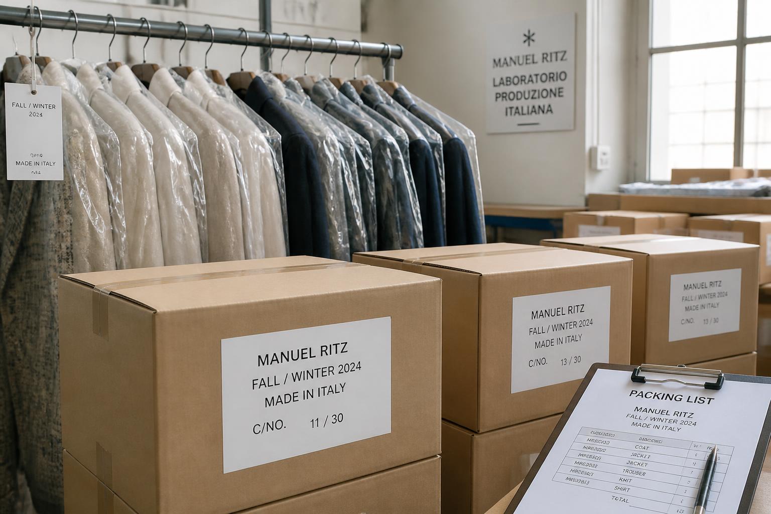 Labelled export cartons and polybagged coats in a packing area