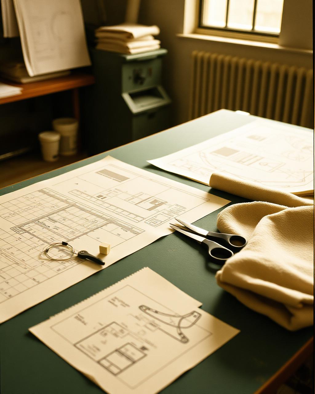 Pattern table with technical drawings, scissors and wool fabric