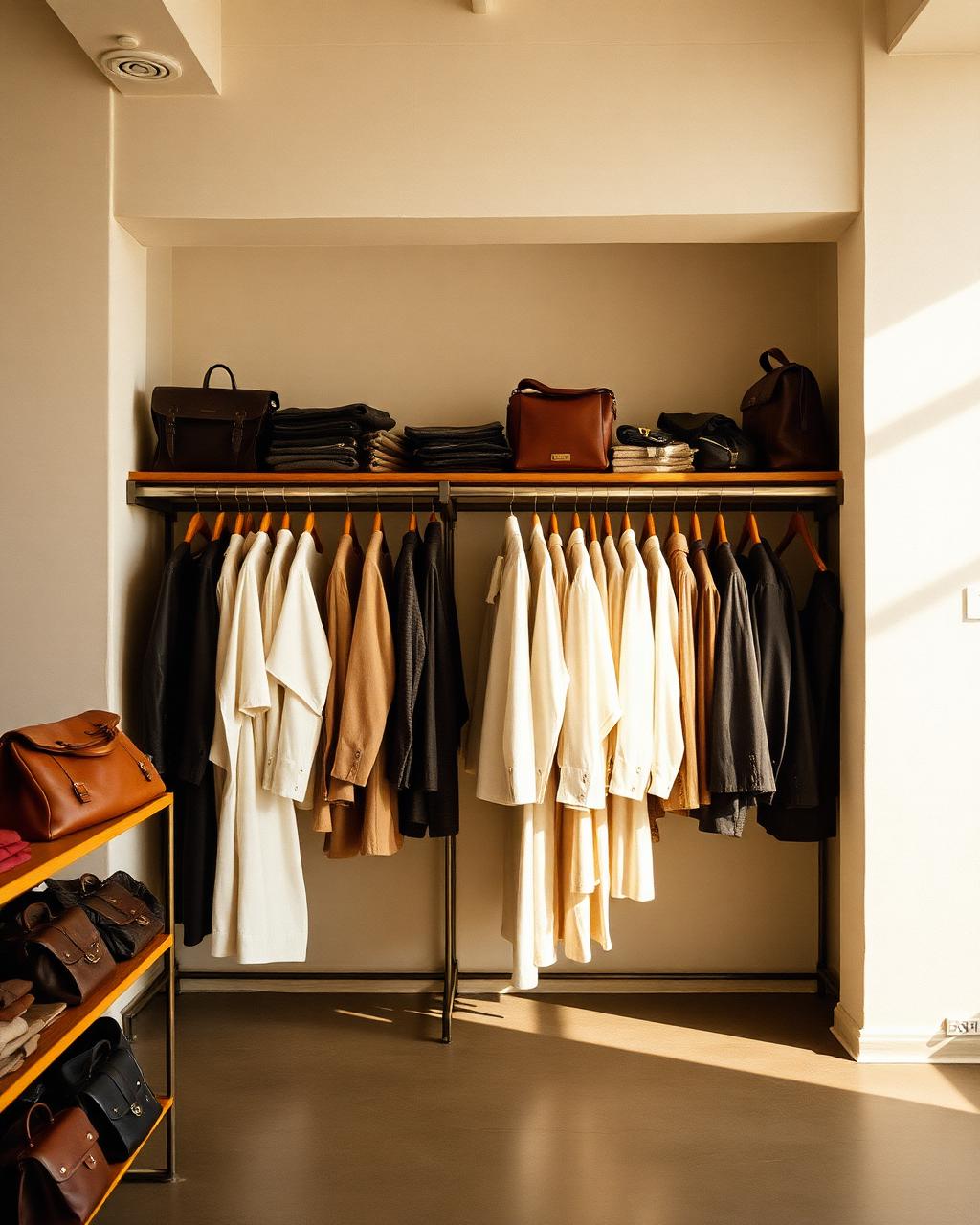 Finished garments and leather bags in an elegant warehouse showroom