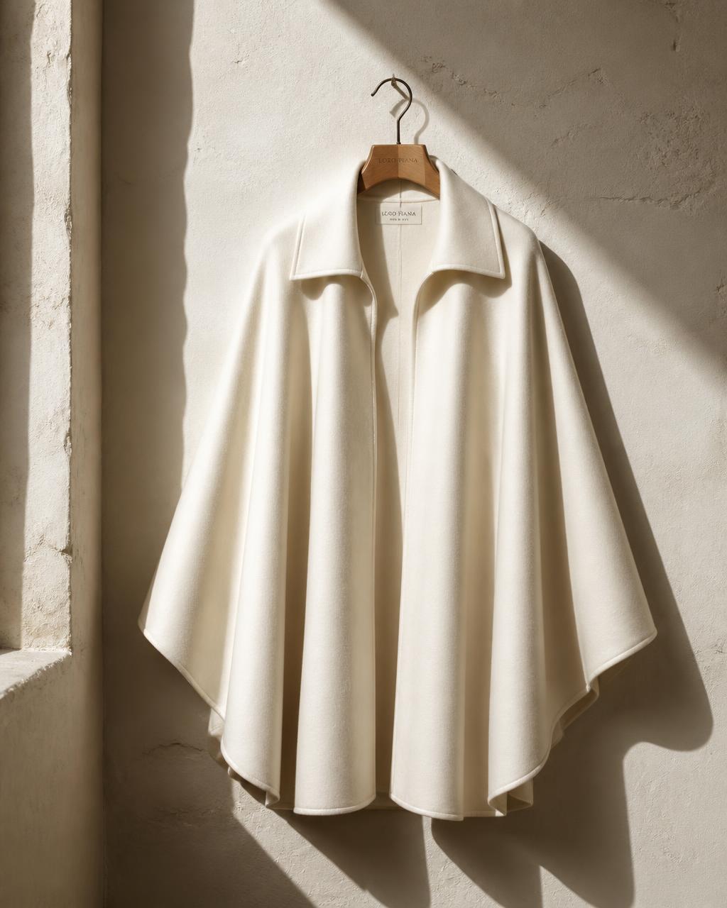 Ivory pure cashmere cape coat on a hanger against a plaster wall