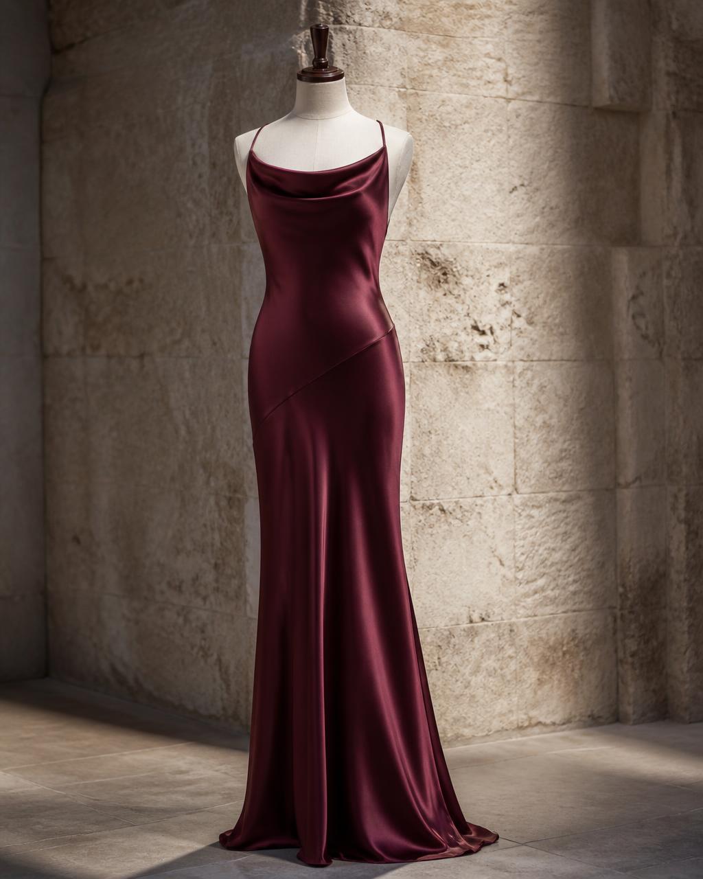 Burgundy bias-cut silk satin evening dress on a mannequin