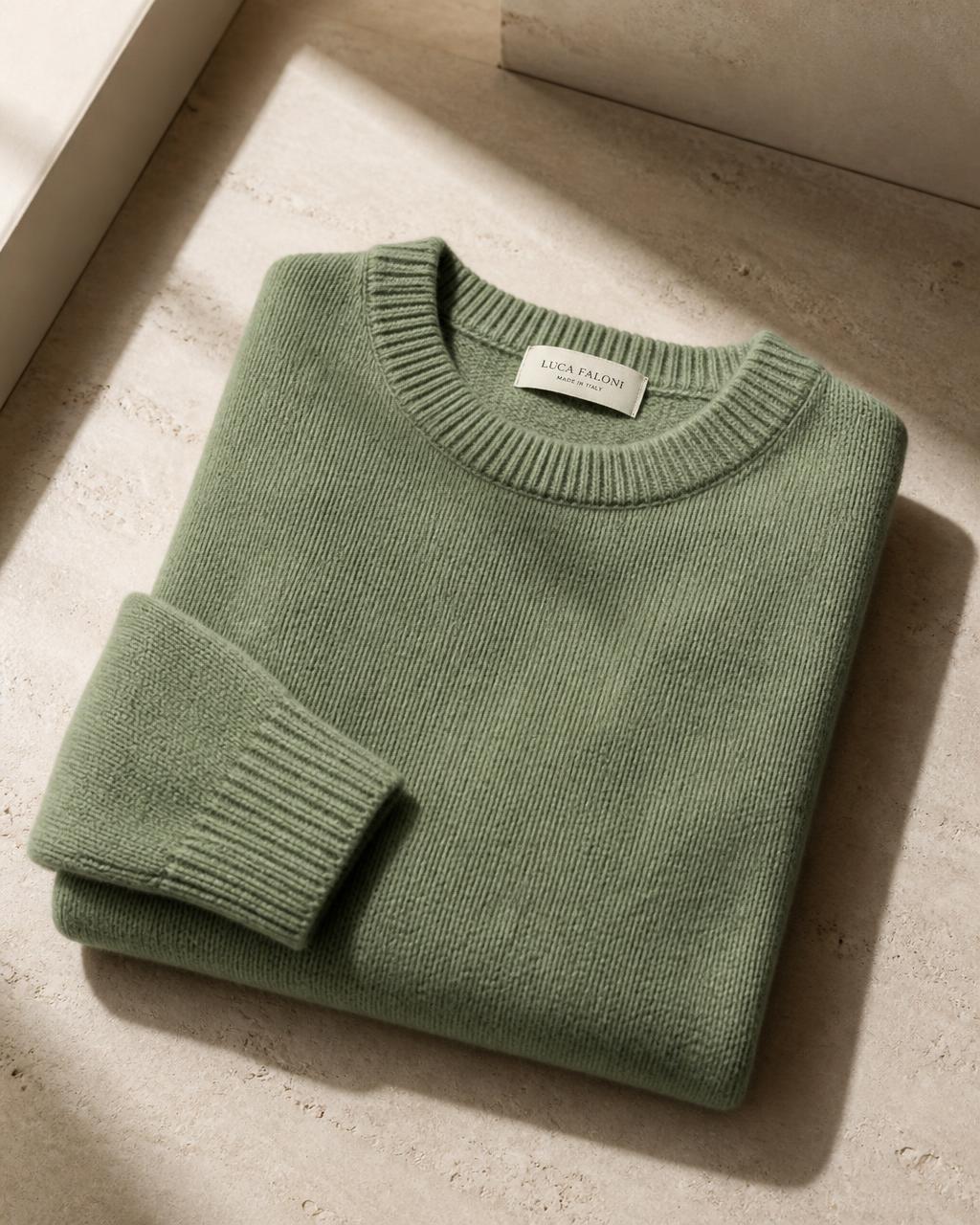 Sage green merino wool crewneck sweater folded on travertine