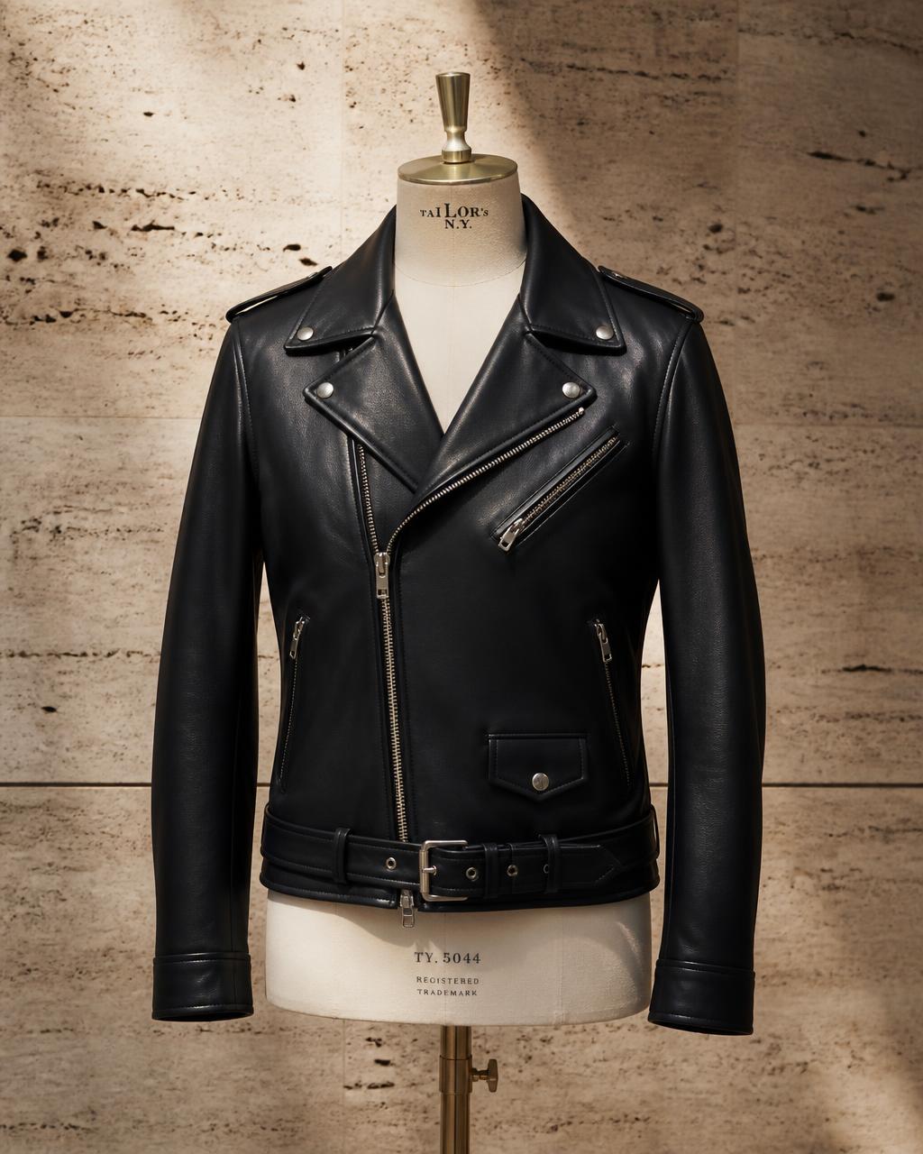 Black nappa leather biker jacket on a tailor dress form