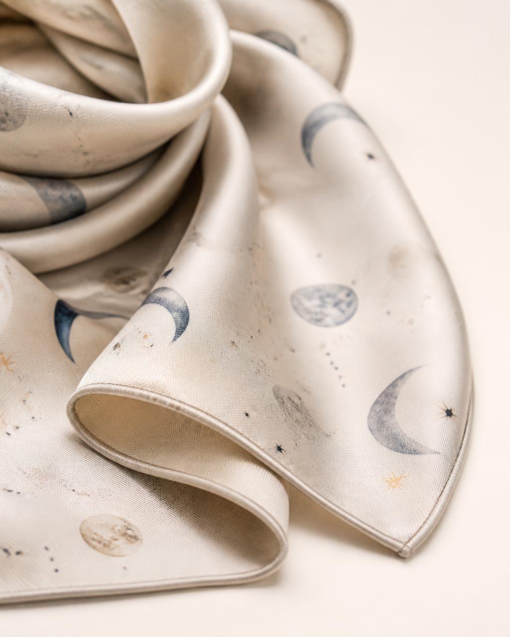Ivory silk twill scarf with moon-phase print