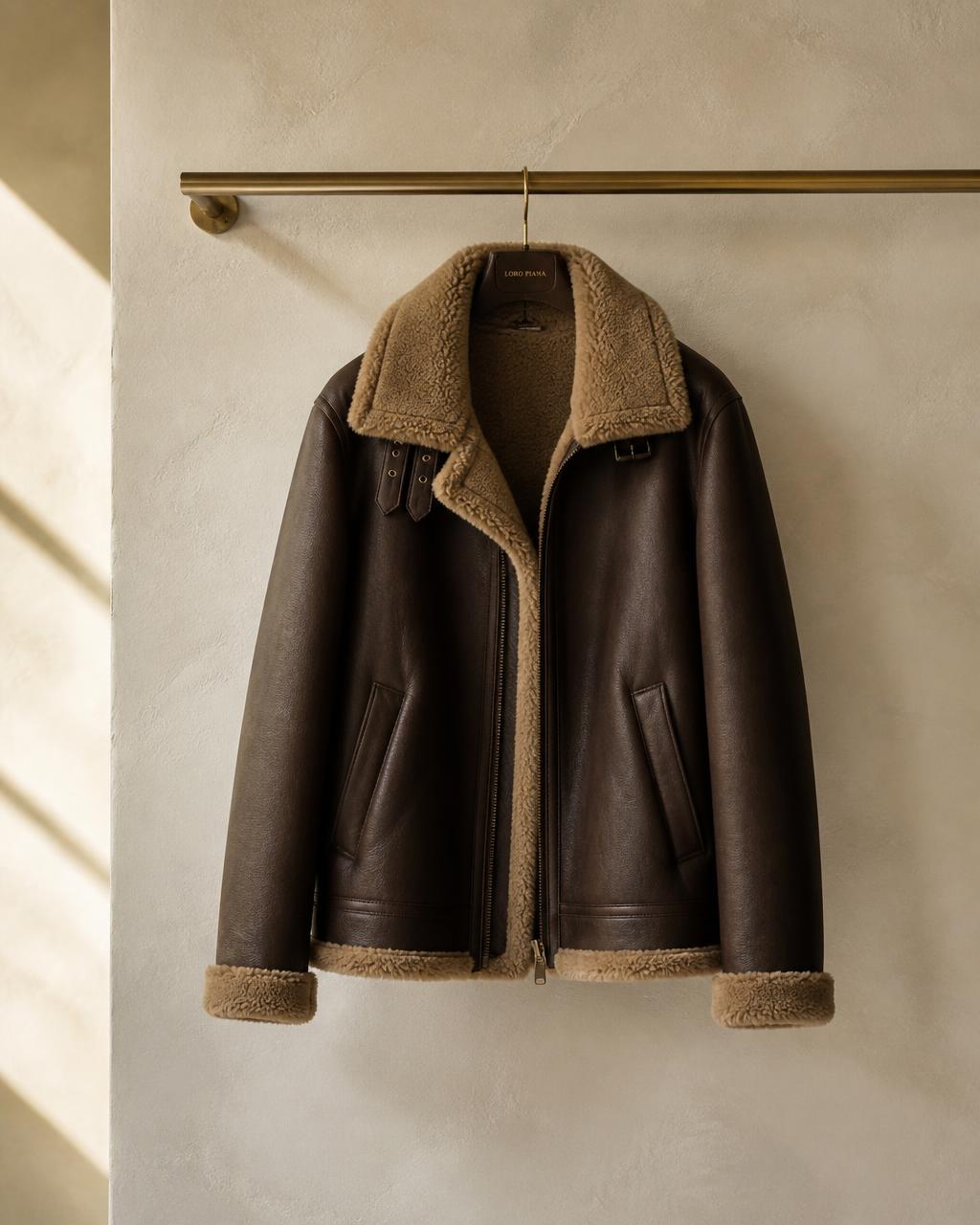 Chocolate brown shearling aviator coat hanging on a brass rail
