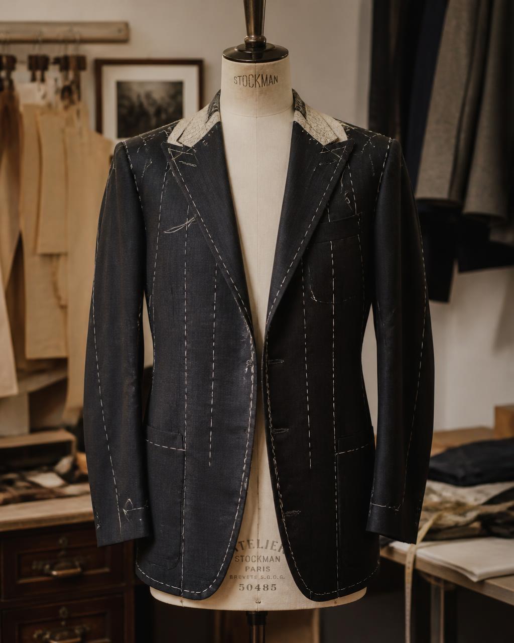 Half-canvas tailored wool jacket basted on an atelier dress form