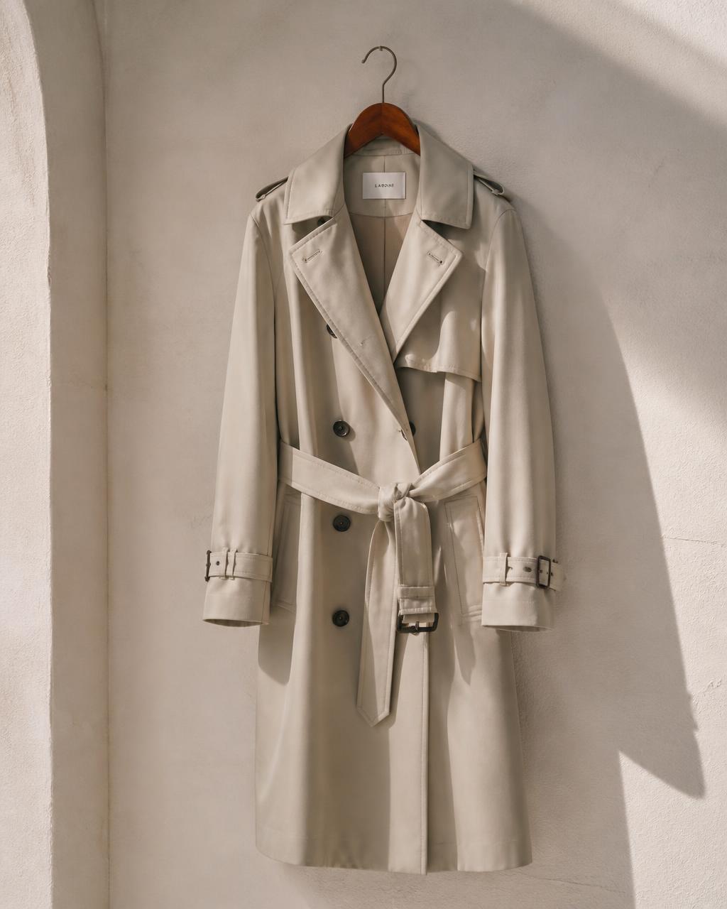 Stone cotton gabardine trench coat on a hanger against a pale wall