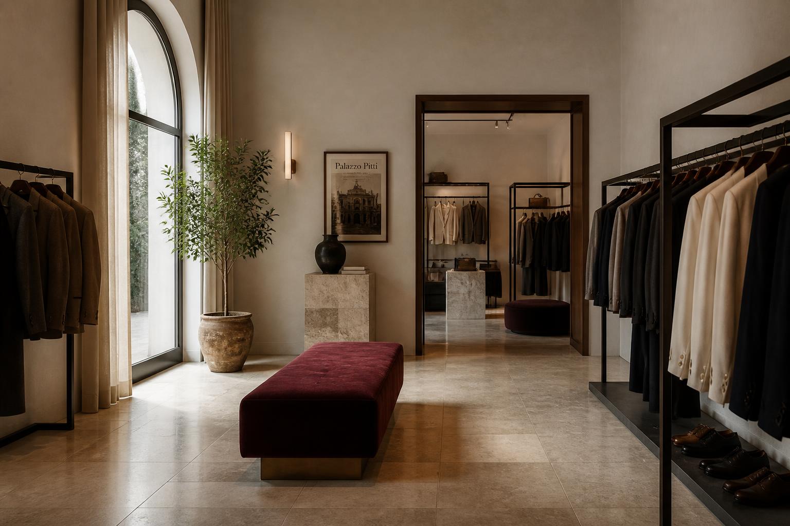 Private showroom with racks of finished Italian clothing